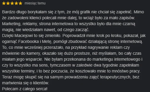 Zrzut ekranu opinii klientki opublikowanej w profilu Google