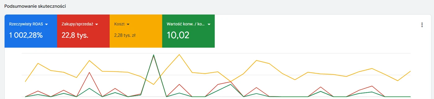 Zrzut ekranu z Google Ads: ROAS 1002,28% na rynku niemieckim